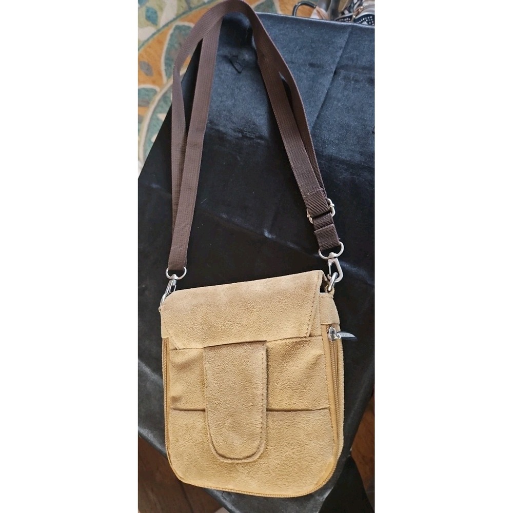 Travelon Cross Body Sling Bag Purse Crossbody Handbag Tan Faux Suede Mirror - Picture 3 of 7